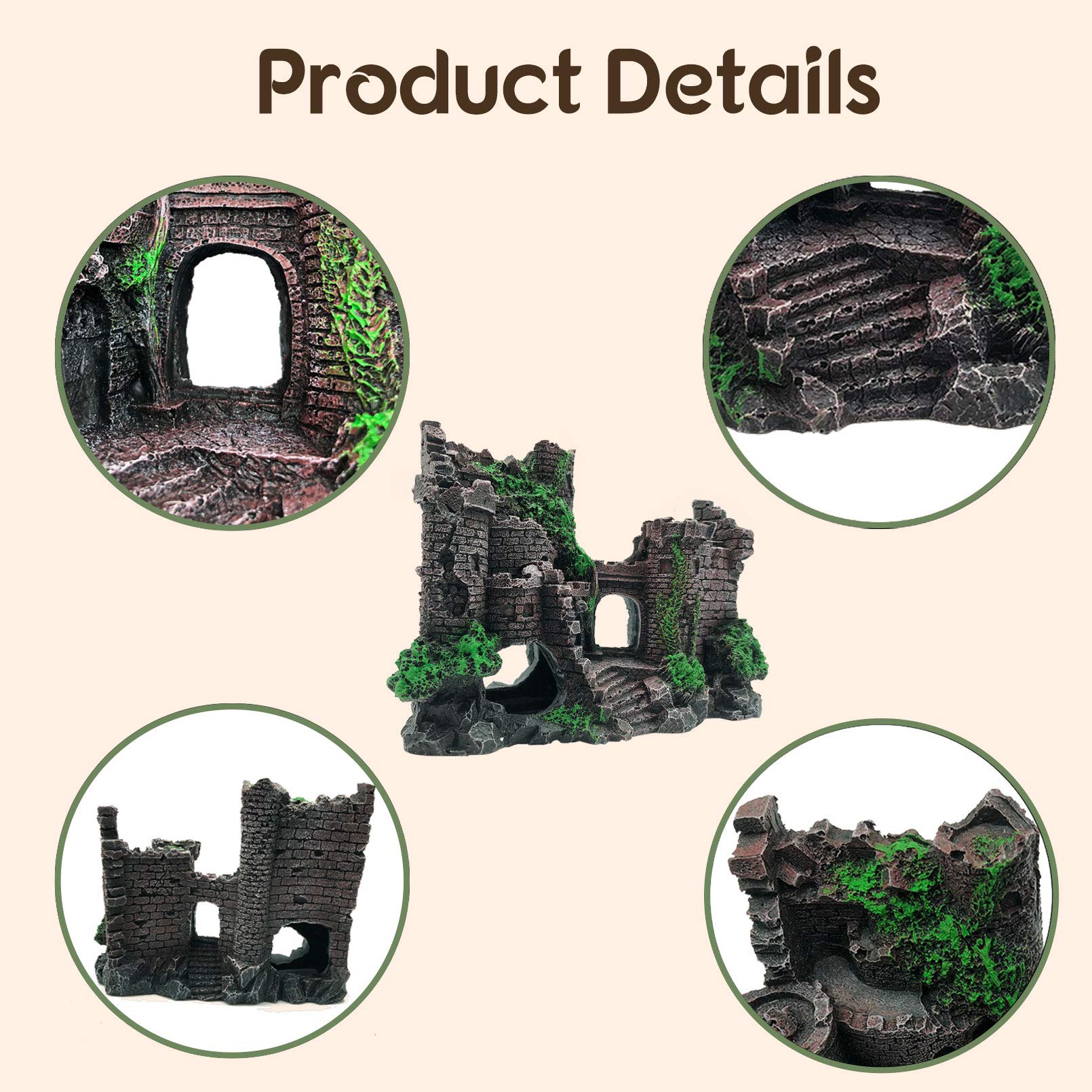 PINVNBY Reptile Resin Castle Decoration,Bearded Dragon Habitat Accessories Crested Gecko Hideouts Cave Reptiles Vines Flexible J